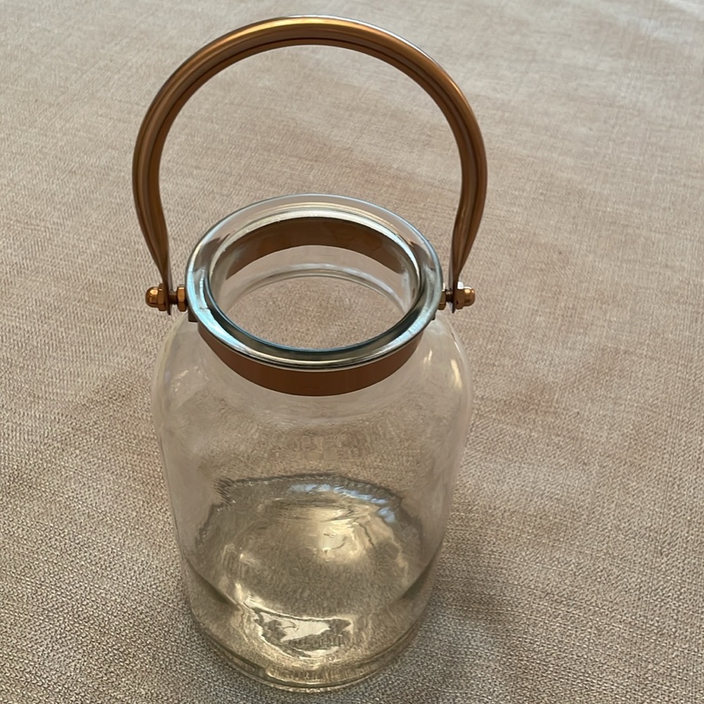 Large Unique Clear Glass Vase or Lantern with Rose Gold Copper Like Handle - Picture 9 of 12